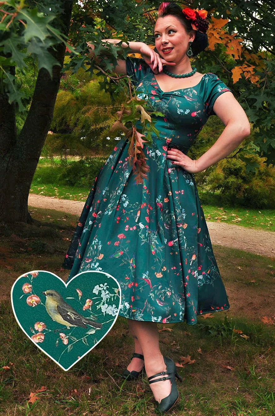 Lily | Retro Off Shoulder Swing Dress | Green Bird Forest