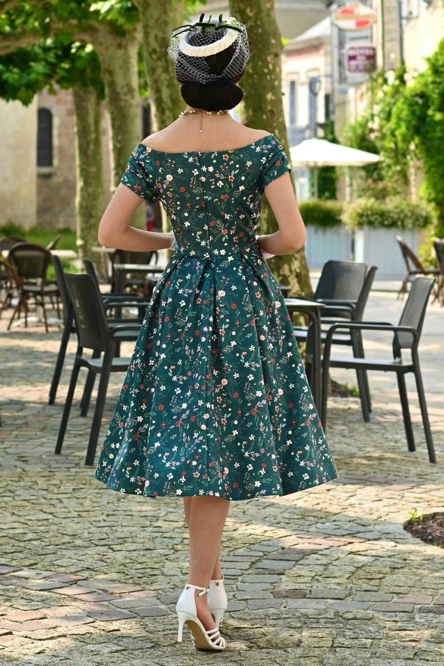 Lily | Retro Off Shoulder Swing Dress | Emerald Green Floral Vine Print