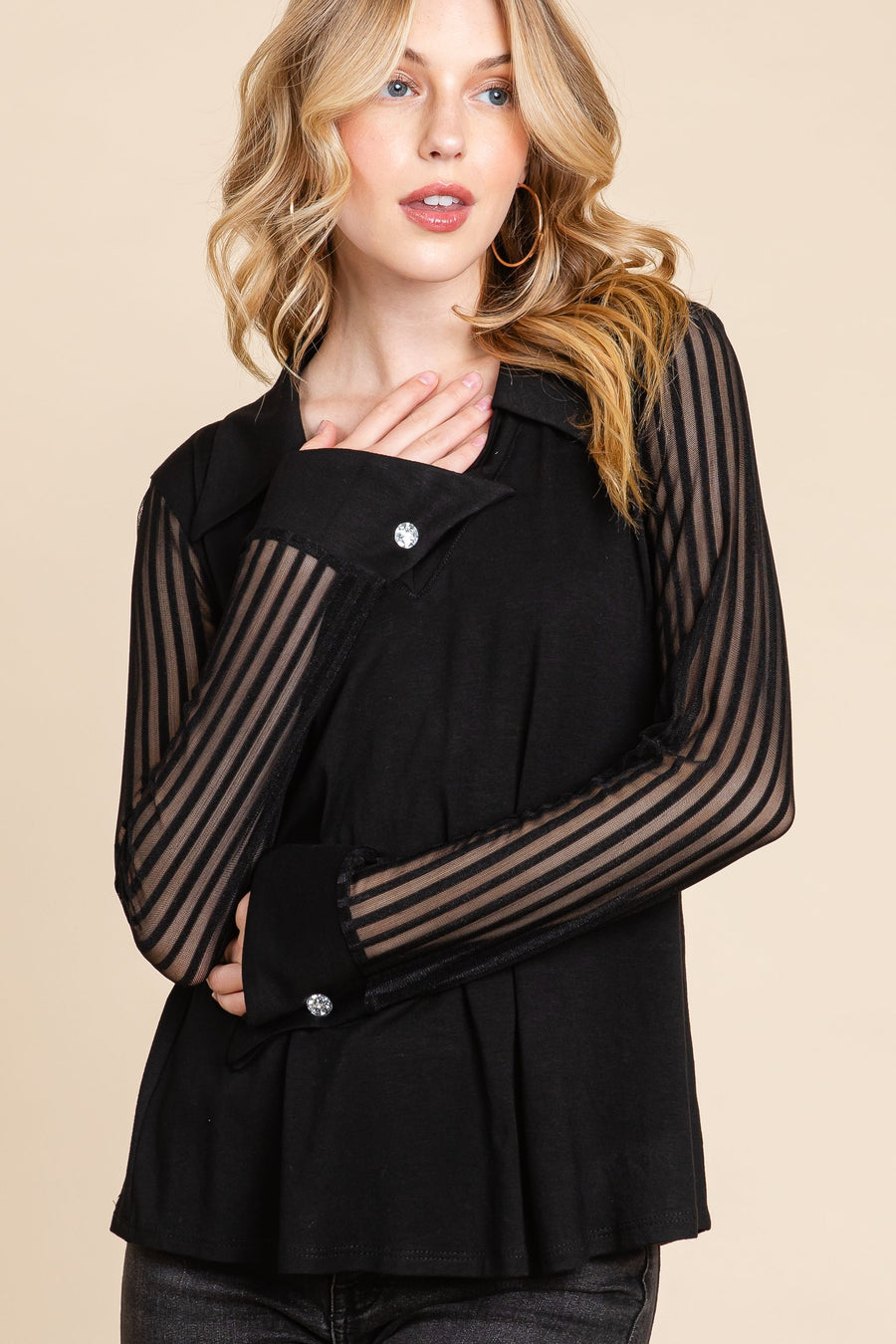 Enid V-Neck Top With Mesh Sleeves | Black *FINAL SALE* (Only Small and 3X Left)