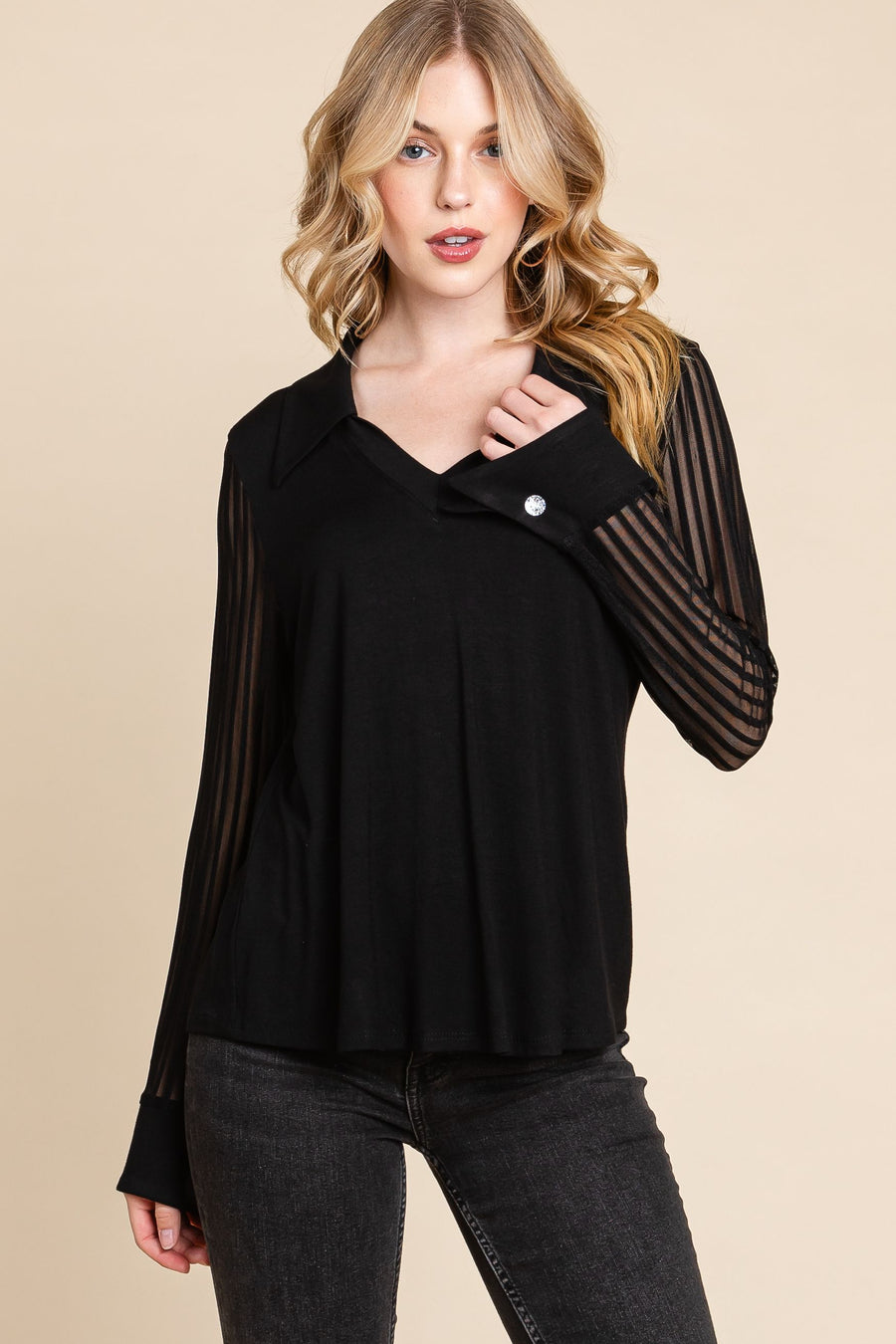 Enid V-Neck Top With Mesh Sleeves | Black *FINAL SALE* (Only Small and 3X Left)