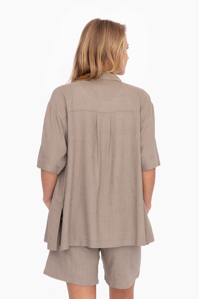 Breezy Bay | Oversized Short Sleeve Button Down Shirt | Warm Grey