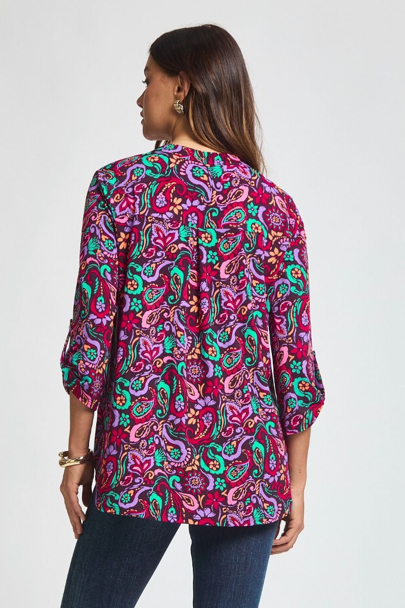 Lizzy | V Neck 3/4 Sleeve Relaxed Fit Top | Wine