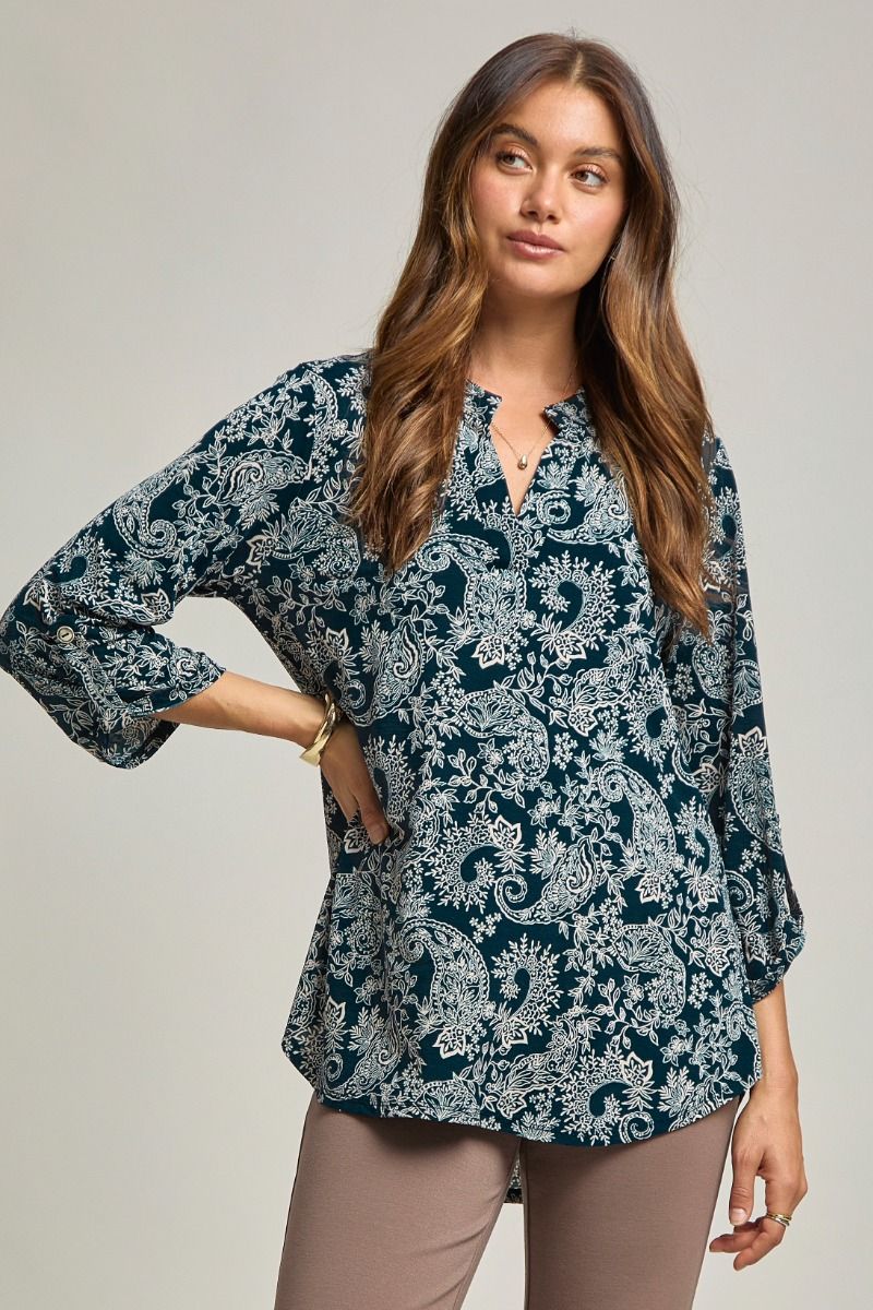 Lizzy | V Neck 3/4 Sleeve Relaxed Fit Top | Midnight Teal