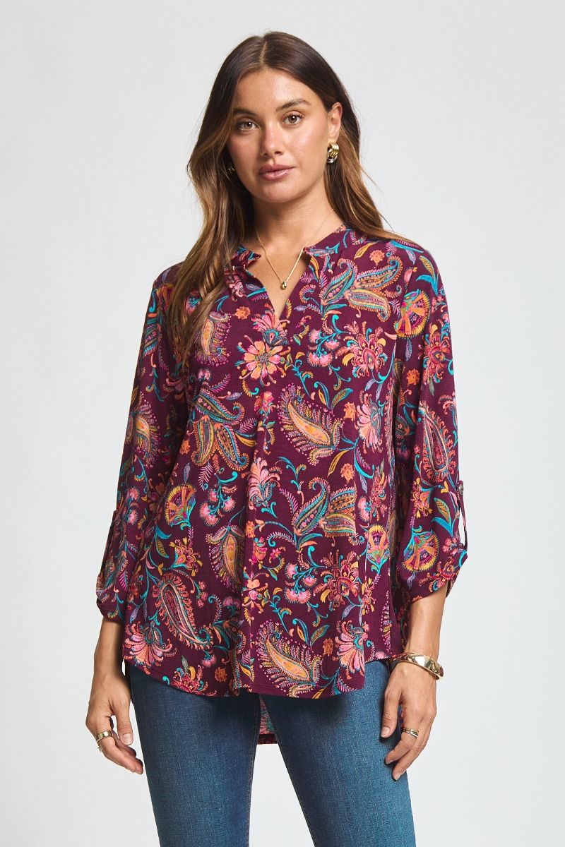 Lizzy | V Neck 3/4 Sleeve Relaxed Fit Top | Wine Floral