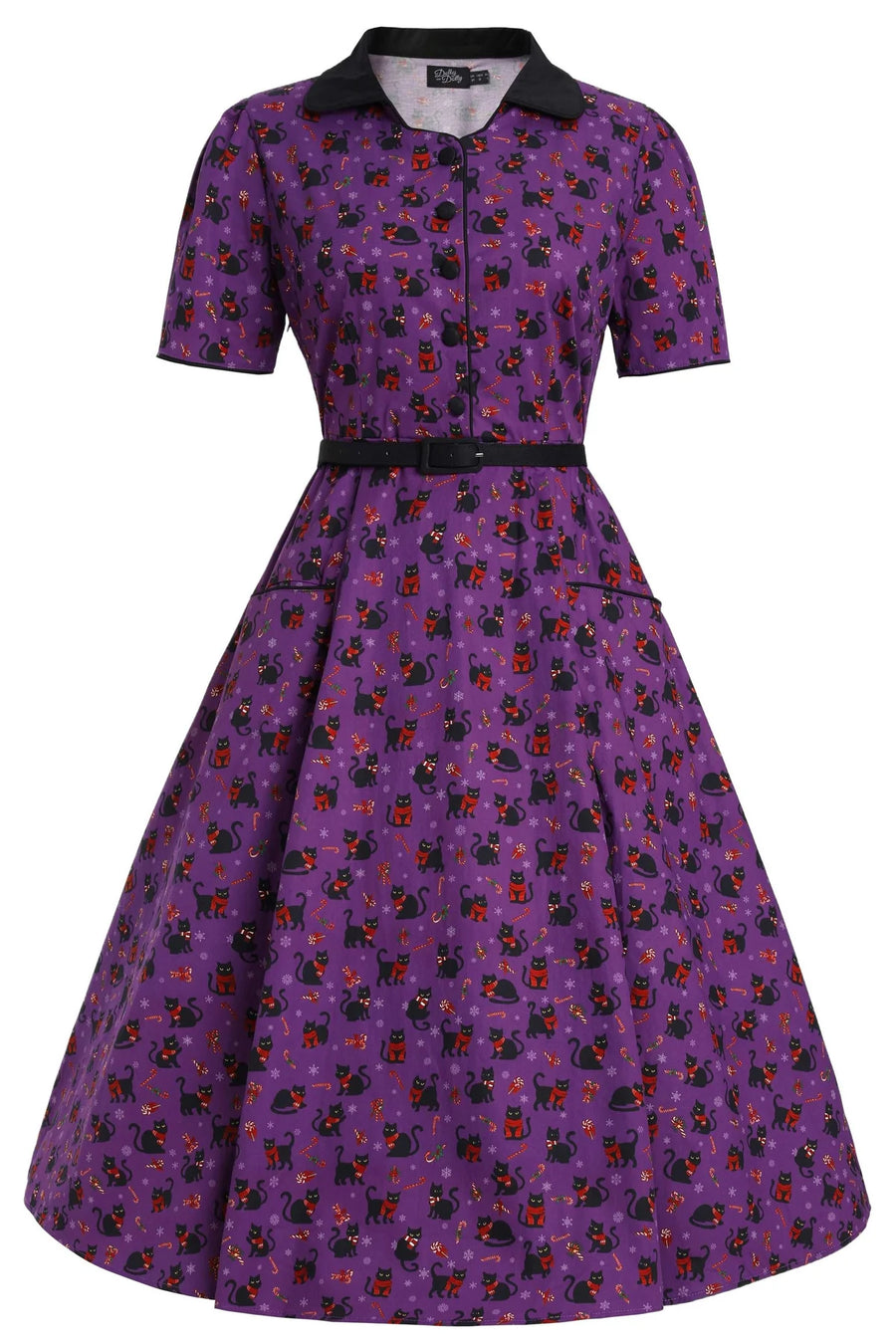 Mabel | Festive Shirt Dress | Purple Cat Print