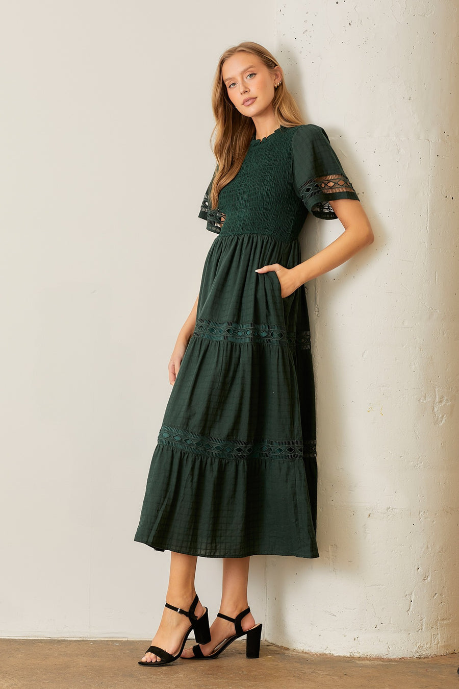 Woodland Serenade  | Smocked Bodice Maxi Dress With Lace Trim Detail