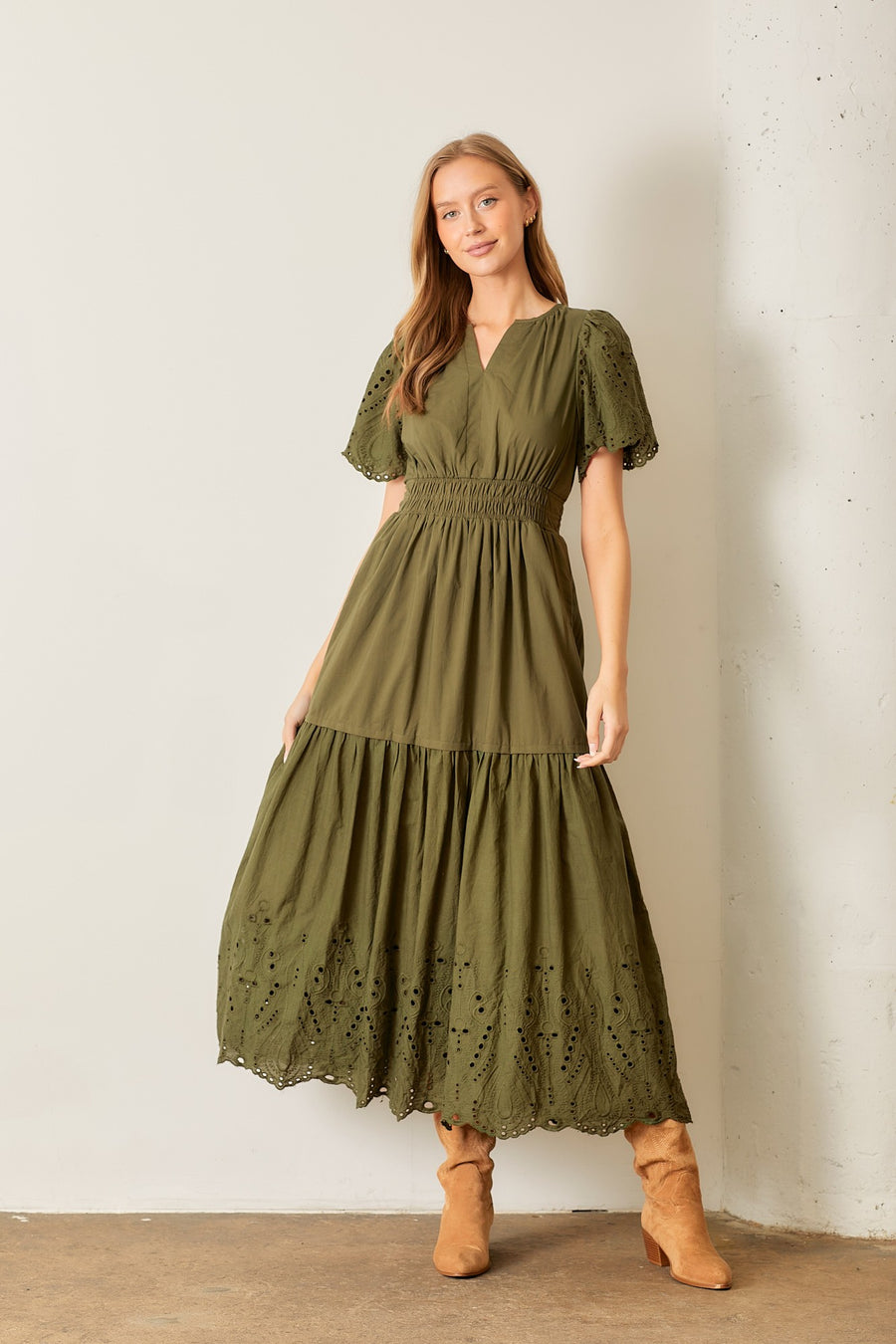 Mystic Forest | Scallop Eyelet Smocked Waist Maxi Dress | Olive