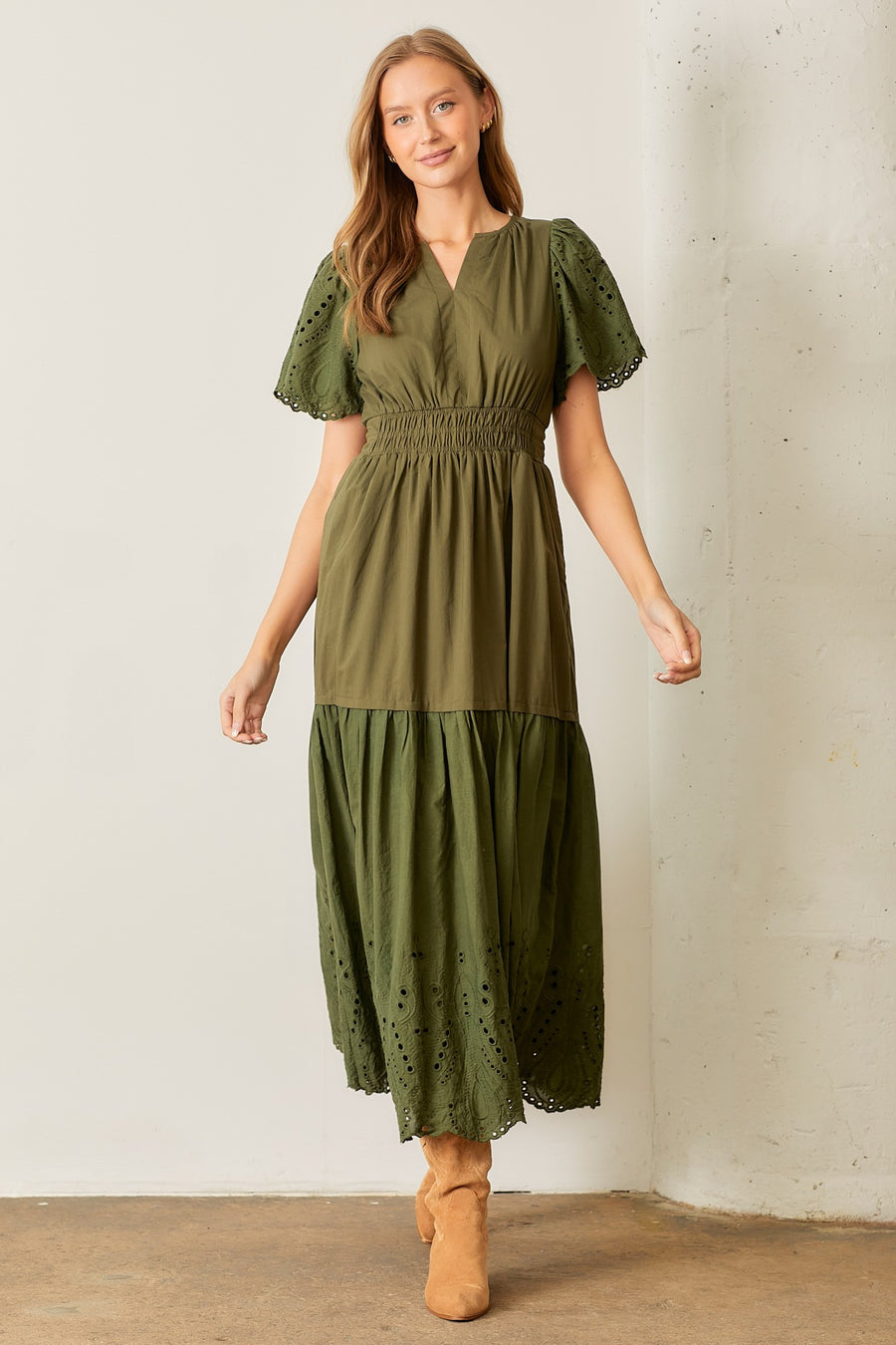 Mystic Forest | Scallop Eyelet Smocked Waist Maxi Dress | Olive