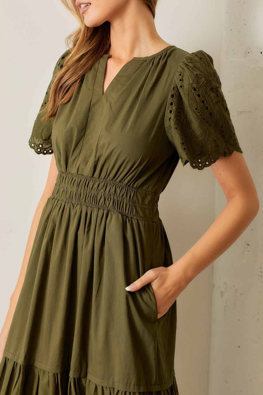 Mystic Forest | Scallop Eyelet Smocked Waist Maxi Dress | Olive