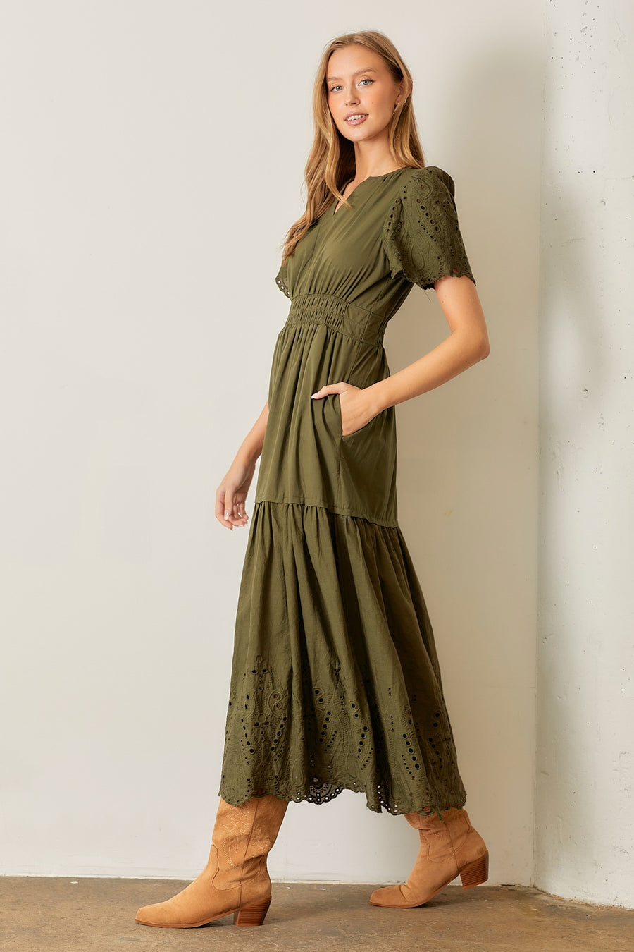 Mystic Forest | Scallop Eyelet Smocked Waist Maxi Dress | Olive