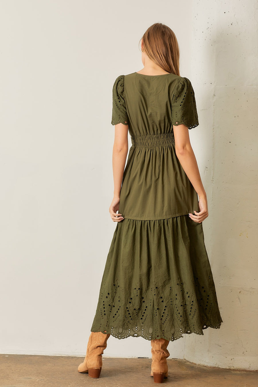 Mystic Forest | Scallop Eyelet Smocked Waist Maxi Dress | Olive