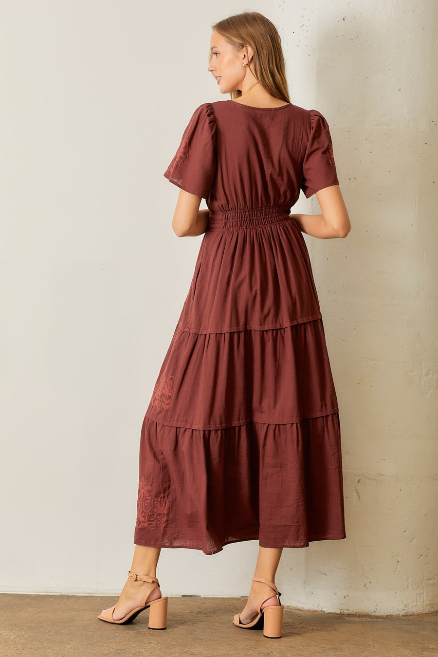 Mystic Forest | Embroidery Detail Smocked Waist Maxi Dress | Burgundy