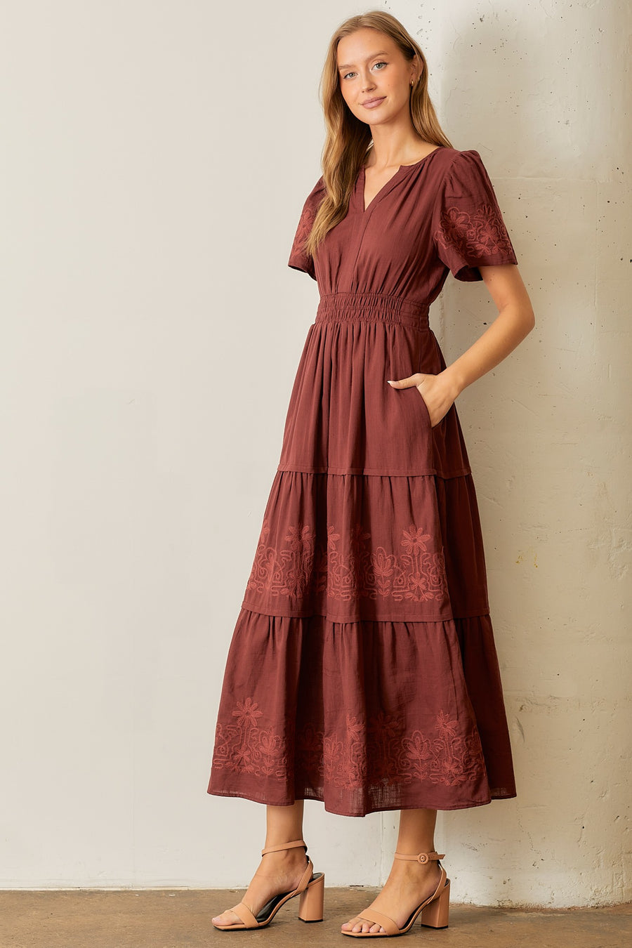 Mystic Forest | Embroidery Detail Smocked Waist Maxi Dress | Burgundy