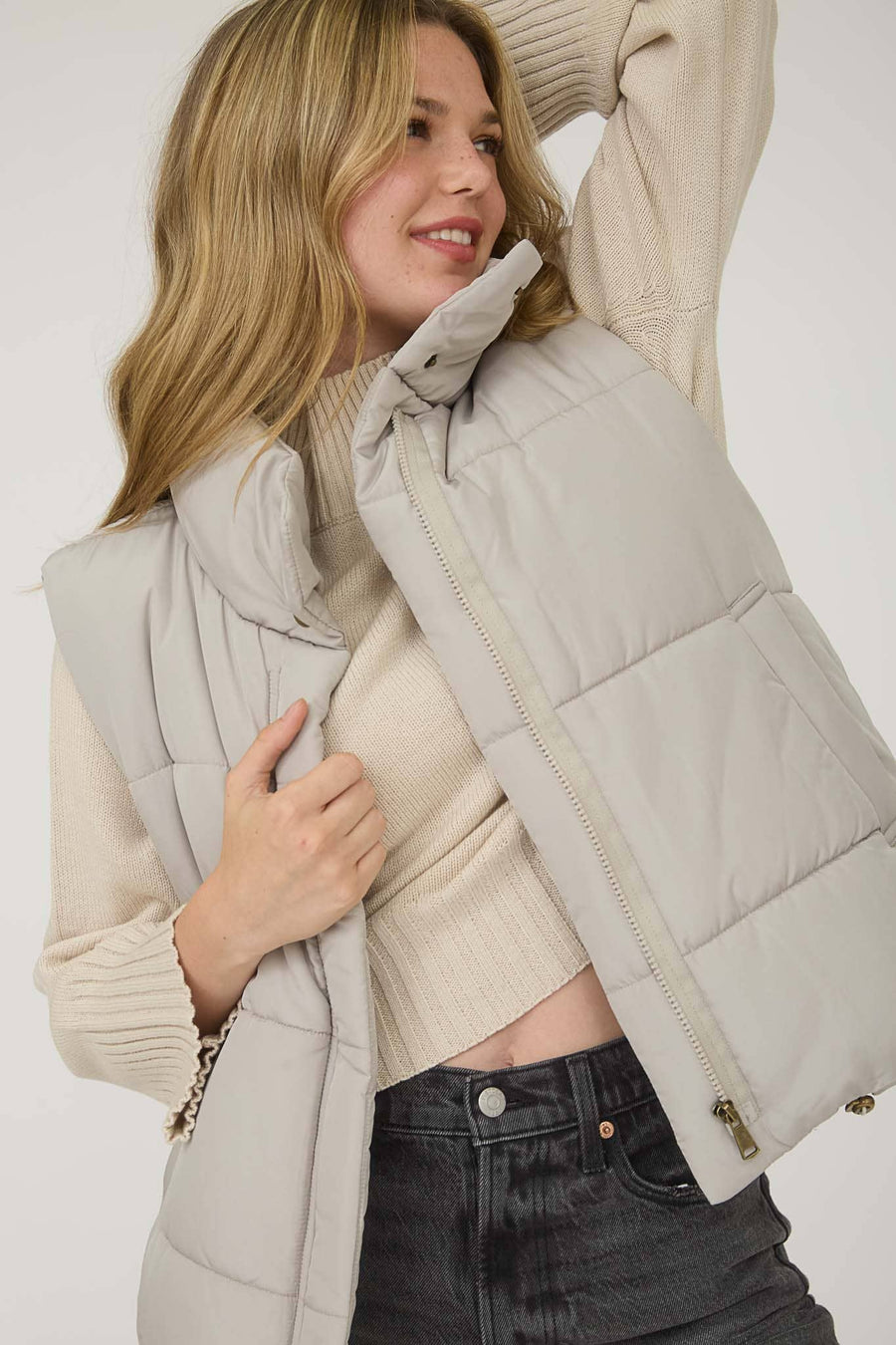 Harbour Mist | Zip Up Puffer Vest | Cement