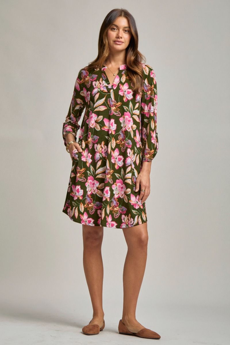 Scarlett | Wrinkle Free 3/4 Sleeve A Line Silhouette Dress | Olive Floral