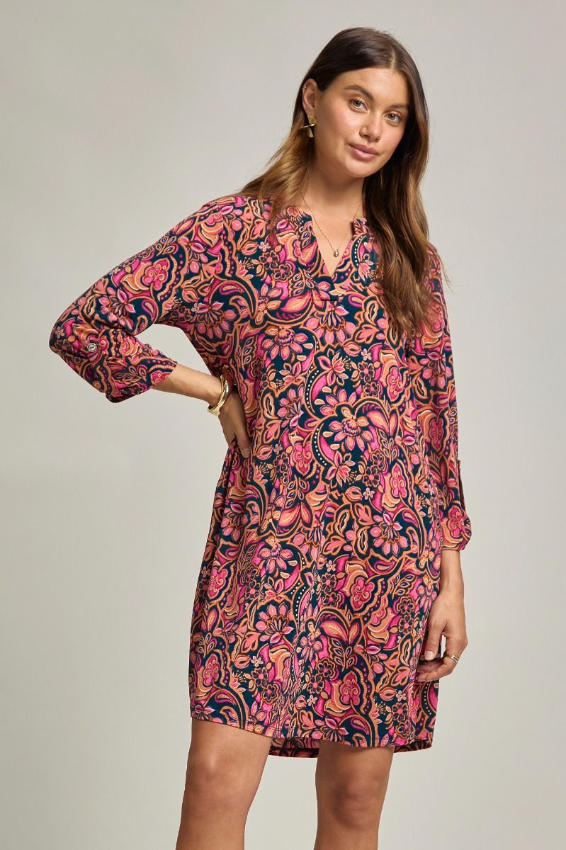 Scarlett | Wrinkle Free 3/4 Sleeve A Line Silhouette Dress | Teal Floral