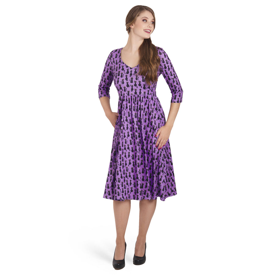 Billie | Long Sleeved Dress | Purple Black Cat