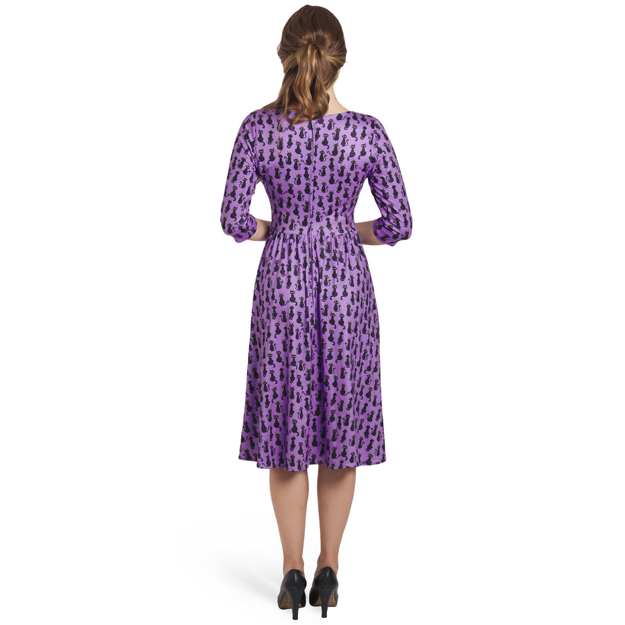 Billie | Long Sleeved Dress | Purple Black Cat