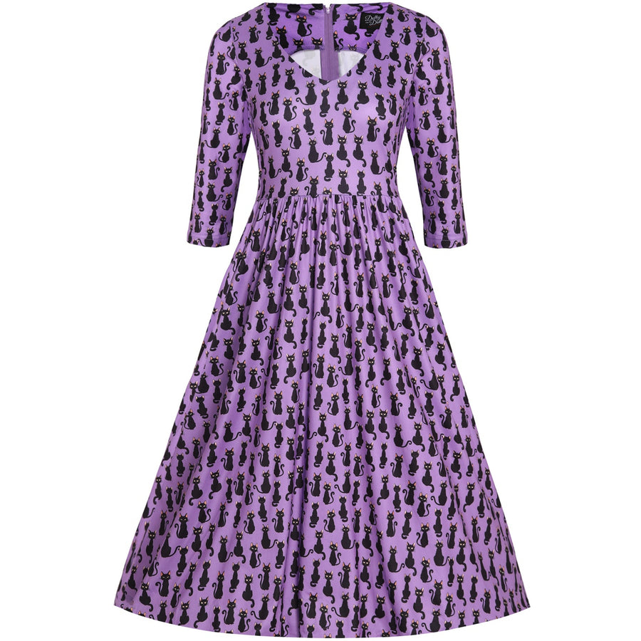 Billie | Long Sleeved Dress | Purple Black Cat