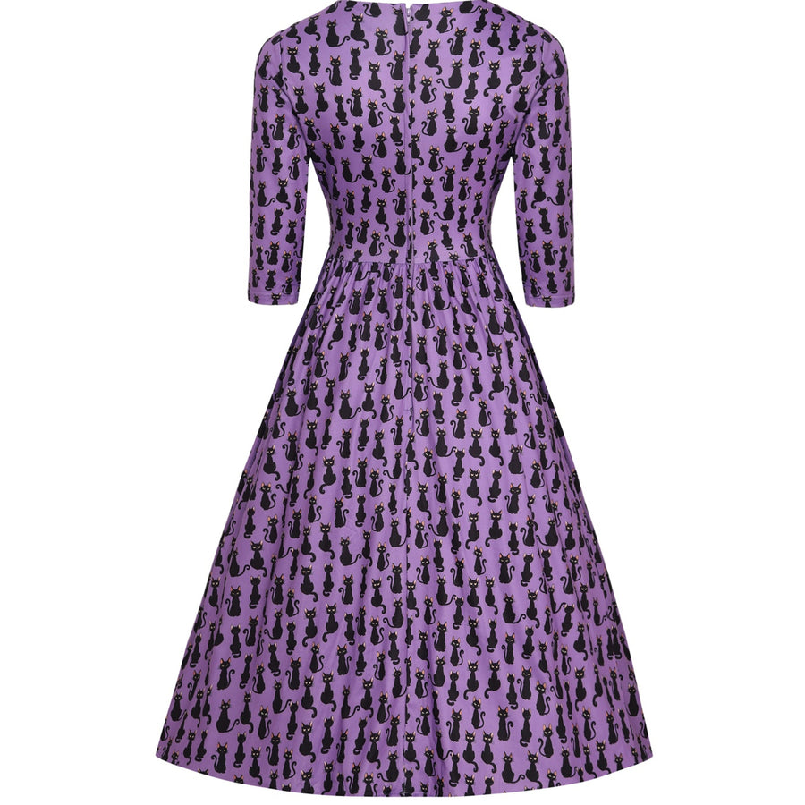 Billie | Long Sleeved Dress | Purple Black Cat