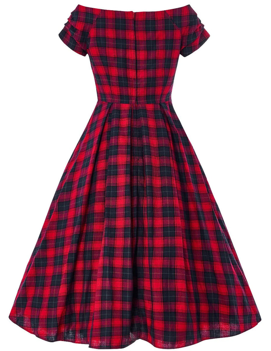 Lily | Off Shoulder Swing Dress | Red Tartan