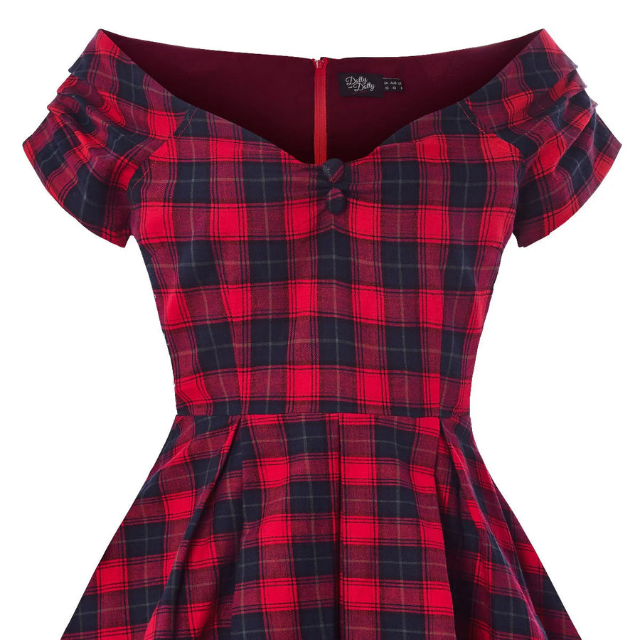 Lily | Off Shoulder Swing Dress | Red Tartan