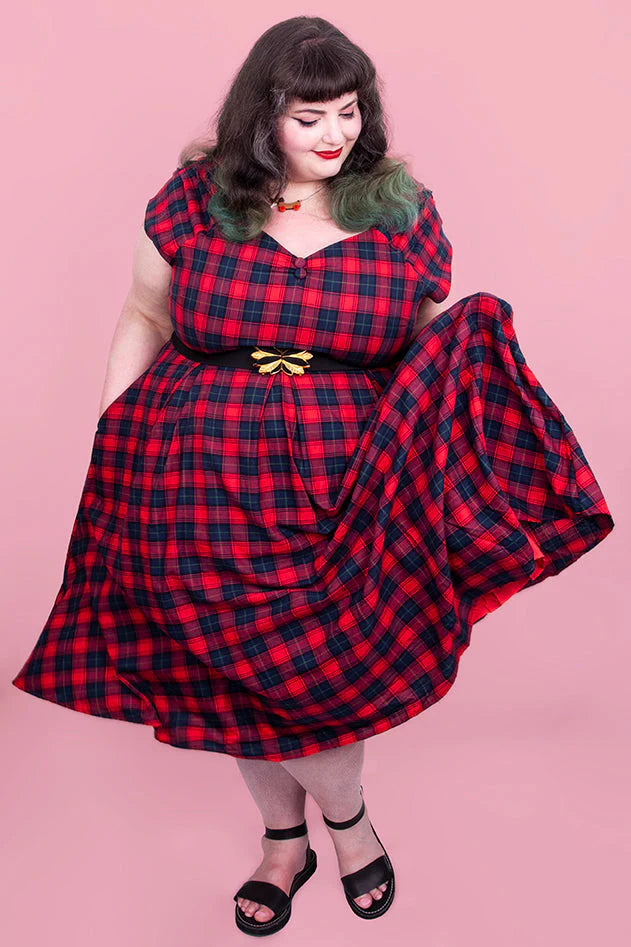 Lily | Off Shoulder Swing Dress | Red Tartan