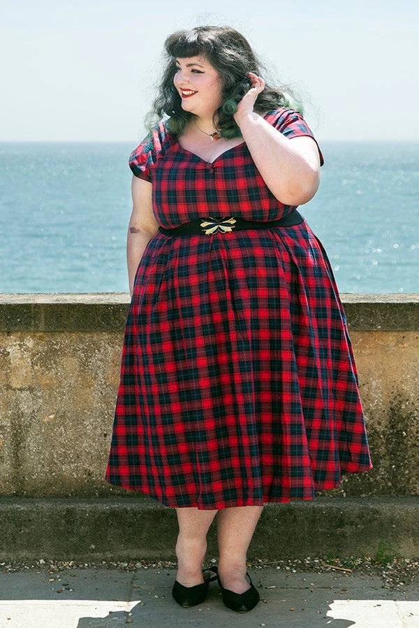 Lily | Off Shoulder Swing Dress | Red Tartan