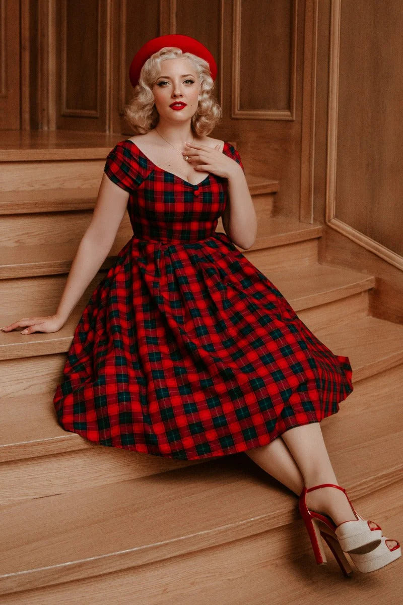Lily | Off Shoulder Swing Dress | Red Tartan