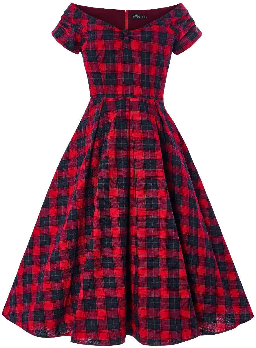 Lily | Off Shoulder Swing Dress | Red Tartan