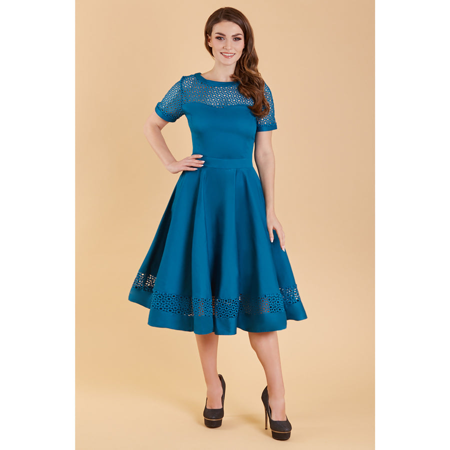 Tess | Lace Embroidered Sleeved Dress | Peacock Blue