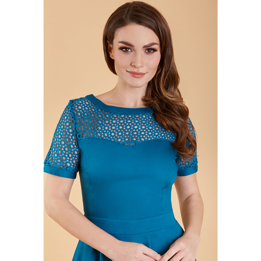 Tess | Lace Embroidered Sleeved Dress | Peacock Blue