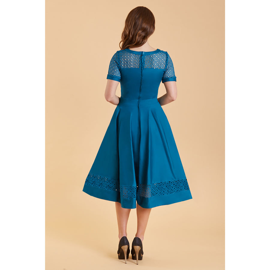 Tess | Lace Embroidered Sleeved Dress | Peacock Blue