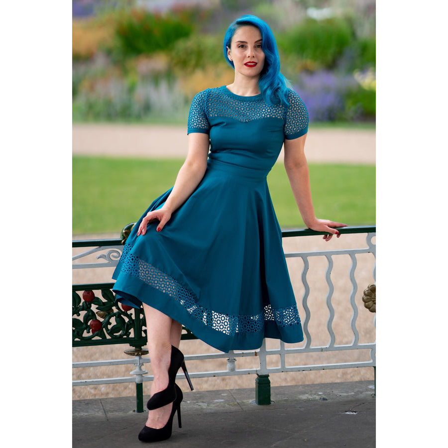 Tess | Lace Embroidered Sleeved Dress | Peacock Blue
