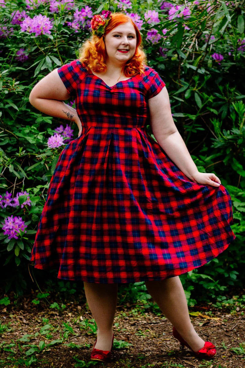 Lily | Off Shoulder Swing Dress | Red Tartan