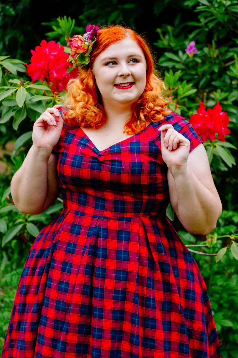 Lily | Off Shoulder Swing Dress | Red Tartan