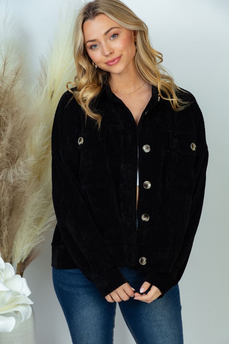 Larissa Button Down Shacket with Raw Cut Detail | Black