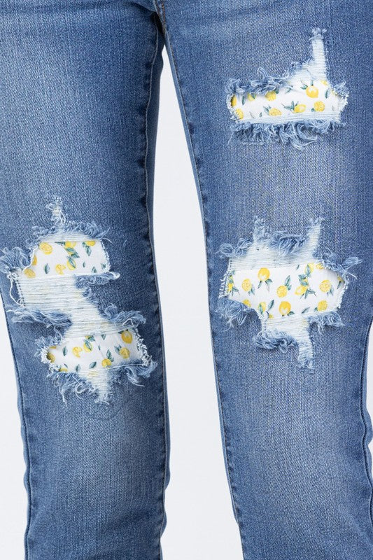 Freshly Squeezed Lemon Patch Skinny Jeans (Judy Blue) *FINAL SALE*