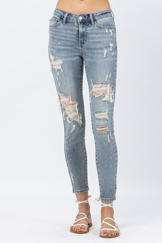 Midrise Lace Patch Skinny Jeans *FINAL SALE*