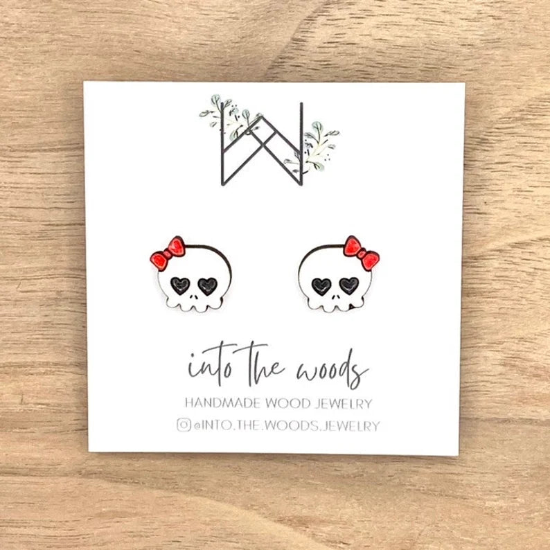 Wooden Skull with Bow Stud Earrings