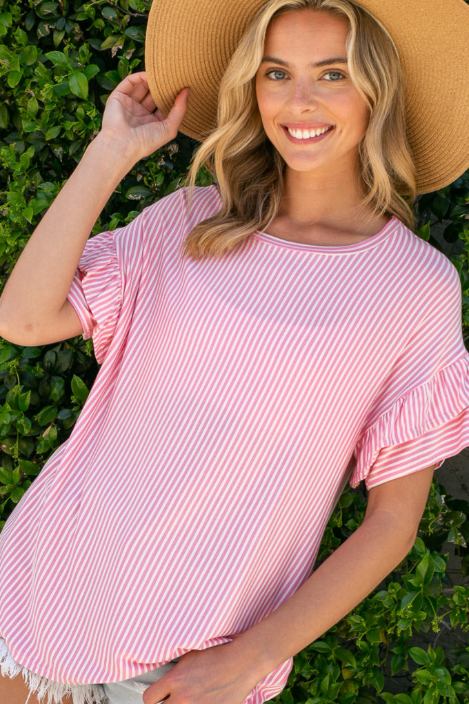 Pin Stripe Top with Tiered Ruffle Sleeves *FINAL SALE*