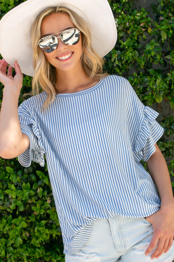 Pin Stripe Top with Tiered Ruffle Sleeves *FINAL SALE*
