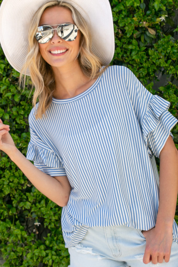 Pin Stripe Top with Tiered Ruffle Sleeves *FINAL SALE*