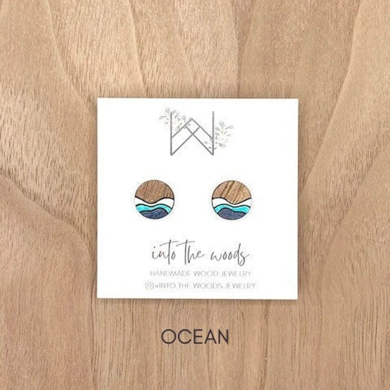 Wooden Ocean Wave Stud Earrings